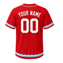 Load image into Gallery viewer, Breakwater Waves Milwaukee Baseball Jersey in Harbor Beacon Red, back view with your name and number – custom block name and number with wave-pattern sleeves