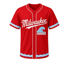 Load image into Gallery viewer, Breakwater Waves Milwaukee Baseball Jersey in Harbor Beacon Red, front view – Lake Michigan wave crashing over stone breakwater graphic, custom name and number