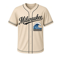 Load image into Gallery viewer, Breakwater Waves Milwaukee Baseball Jersey in Lakeshore Sand, front view – Lake Michigan wave crashing over stone breakwater graphic, custom name and number