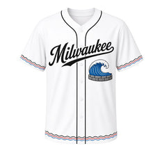 Load image into Gallery viewer, Breakwater Waves Milwaukee Baseball Jersey in Whitecap White, front view – Lake Michigan wave crashing over stone breakwater graphic, custom name and number