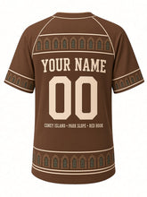Load image into Gallery viewer, Brooklyn Heritage Baseball Jersey in Brownstone, back view with brownstone window hem and your name and number