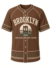 Load image into Gallery viewer, Brooklyn Heritage Baseball Jersey in Brownstone, front view – brownstone brown body with cream piping, East River bridge emblem with brownstone window trim, 1883 – custom name and number