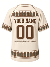 Load image into Gallery viewer, Brooklyn Heritage Baseball Jersey in Cream, back view with brownstone window hem and your name and number