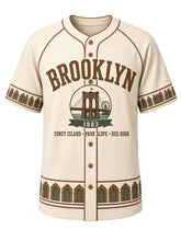 Load image into Gallery viewer, Brooklyn Heritage Baseball Jersey in Cream, front view – cream body with brownstone brown piping, East River bridge emblem with brownstone window trim, 1883 – custom name and number