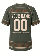 Load image into Gallery viewer, Brooklyn Heritage Baseball Jersey in Harbor Green, back view with brownstone window hem and your name and number