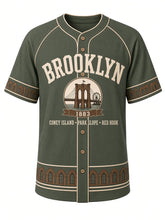 Load image into Gallery viewer, Brooklyn Heritage Baseball Jersey in Harbor Green, front view – harbor green body with cream and brown piping, East River bridge emblem with brownstone window trim, 1883 – custom name and number