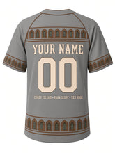 Load image into Gallery viewer, Brooklyn Heritage Baseball Jersey in Slate Gray, back view with brownstone window hem and your name and number