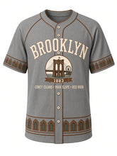 Load image into Gallery viewer, Brooklyn Heritage Baseball Jersey in Slate Gray, front view – slate gray body with cream and brown piping, East River bridge emblem with brownstone window trim, 1883 – custom name and number