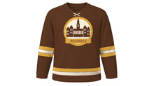 Load image into Gallery viewer, Brussels Original Hockey Jersey in Chocolate Brown, front view – custom name and number