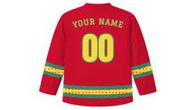 Load image into Gallery viewer, Buddha's Birthday Original Hockey Jersey in Lantern Red, back view with your name and number