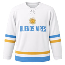 Load image into Gallery viewer, Buenos Aires Original Hockey Jersey in White, front view – custom name and number