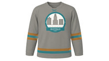 Load image into Gallery viewer, Buffalo Original Hockey Jersey in Grain Elevator Gray, front view – custom name and number