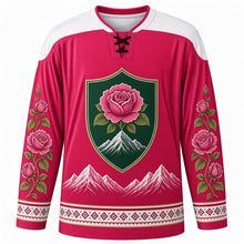 Load image into Gallery viewer, Bulgarian Unification Day Original Hockey Jersey in Rose Red, front view with themed artwork and clean crest