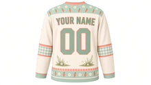 Load image into Gallery viewer, Bunny Carrot Patch Original Hockey Jersey in Daisy Cream, back view with your name and number – carrot-and-daisy yoke and gingham sleeve bands