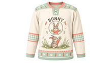 Load image into Gallery viewer, Bunny Carrot Patch Original Hockey Jersey in Daisy Cream, front view – fluffy bunny holding a carrot in a garden patch with bunny crest, custom name and number