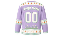 Load image into Gallery viewer, Bunny Carrot Patch Original Hockey Jersey in Spring Lilac, back view with your name and number – carrot-and-daisy yoke and gingham sleeve bands