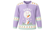 Load image into Gallery viewer, Bunny Carrot Patch Original Hockey Jersey in Spring Lilac, front view – fluffy bunny holding a carrot in a garden patch with bunny crest, custom name and number