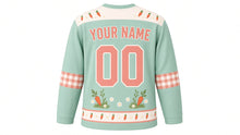 Load image into Gallery viewer, Bunny Carrot Patch Original Hockey Jersey in Garden Mint, back view with your name and number – carrot-and-daisy yoke and gingham sleeve bands