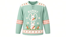 Load image into Gallery viewer, Bunny Carrot Patch Original Hockey Jersey in Garden Mint, front view – fluffy bunny holding a carrot in a garden patch with bunny crest, custom name and number