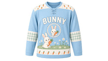 Load image into Gallery viewer, Bunny Carrot Patch Original Hockey Jersey in Meadow Sky, front view – fluffy bunny holding a carrot in a garden patch with bunny crest, custom name and number