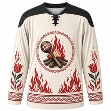 Load image into Gallery viewer, Busójárás Original Hockey Jersey in Sheepskin White, front view with themed artwork and clean crest