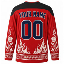 Load image into Gallery viewer, Busójárás Original Hockey Jersey in Bonfire Red, back view with custom YOUR NAME and 00