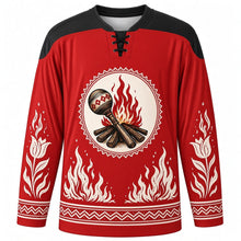 Load image into Gallery viewer, Busójárás Original Hockey Jersey in Bonfire Red, front view with themed artwork and clean crest