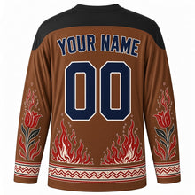 Load image into Gallery viewer, Busójárás Original Hockey Jersey in Carved Wood Brown, back view with custom YOUR NAME and 00
