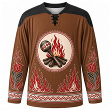 Load image into Gallery viewer, Busójárás Original Hockey Jersey in Carved Wood Brown, front view with themed artwork and clean crest