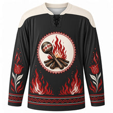 Load image into Gallery viewer, Busójárás Original Hockey Jersey in Charcoal Black, front view with themed artwork and clean crest