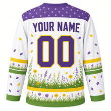 Load image into Gallery viewer, Butterfly Meadow Original Hockey Jersey in Daisy White, back view with your name and number – daisy-dot yoke and grass-and-wildflower hem stripes
