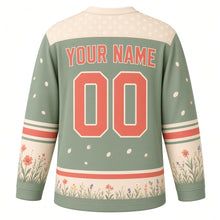 Load image into Gallery viewer, Butterfly Meadow Original Hockey Jersey in Sage Garden, back view with your name and number – daisy-dot yoke and grass-and-wildflower hem stripes