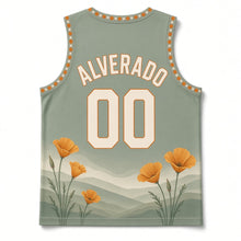 Load image into Gallery viewer, California Poppy Fields Original Basketball Jersey in Coastal Sage, back view with your name and number
