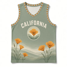 Load image into Gallery viewer, California Poppy Fields Original Basketball Jersey in Coastal Sage, front view – custom name and number