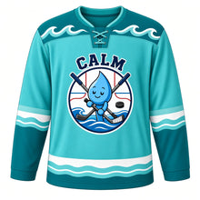 Load image into Gallery viewer, Calm Waves Emotion Hockey Jersey in Lagoon Aqua, front view – smiling raindrop mascot on ocean waves with crossed hockey sticks, custom name and number