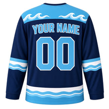 Load image into Gallery viewer, Calm Waves Emotion Hockey Jersey in Deep Sea Navy, back view with your name and number – rolling wave yoke and blue wave sleeve stripes