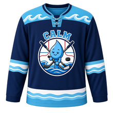 Load image into Gallery viewer, Calm Waves Emotion Hockey Jersey in Deep Sea Navy, front view – smiling raindrop mascot on ocean waves with crossed hockey sticks, custom name and number
