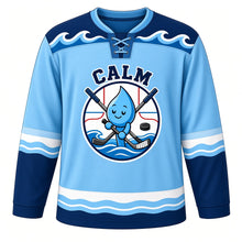 Load image into Gallery viewer, Calm Waves Emotion Hockey Jersey in Ocean Blue, front view – smiling raindrop mascot on ocean waves with crossed hockey sticks, custom name and number