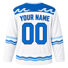 Load image into Gallery viewer, Calm Waves Emotion Hockey Jersey in Sea Foam White, back view with your name and number – rolling wave yoke and blue wave sleeve stripes