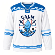 Load image into Gallery viewer, Calm Waves Emotion Hockey Jersey in Sea Foam White, front view – smiling raindrop mascot on ocean waves with crossed hockey sticks, custom name and number