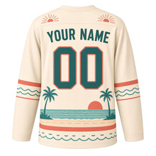 Load image into Gallery viewer, Camper Van Coastline Original Hockey Jersey in Sand Cream, back view with your name and number – sun-ray yoke and wave-stripe sleeve bands