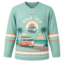 Load image into Gallery viewer, Camper Van Coastline Original Hockey Jersey in Seafoam Mint, front view – vintage camper van with surfboard on a coastal road with camper van crest, custom name and number