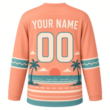 Load image into Gallery viewer, Camper Van Coastline Original Hockey Jersey in Desert Peach, back view with your name and number – sun-ray yoke and wave-stripe sleeve bands