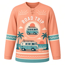 Load image into Gallery viewer, Camper Van Coastline Original Hockey Jersey in Desert Peach, front view – vintage camper van with surfboard on a coastal road with camper van crest, custom name and number