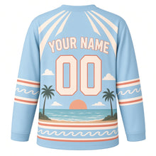 Load image into Gallery viewer, Camper Van Coastline Original Hockey Jersey in Sunny Sky, back view with your name and number – sun-ray yoke and wave-stripe sleeve bands