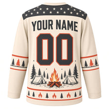 Load image into Gallery viewer, Campfire Starry Night Original Hockey Jersey in Birch Cream, back view with your name and number – star-pattern yoke and pine-tree sleeve bands