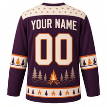 Load image into Gallery viewer, Campfire Starry Night Original Hockey Jersey in Starlit Plum, back view with your name and number – star-pattern yoke and pine-tree sleeve bands