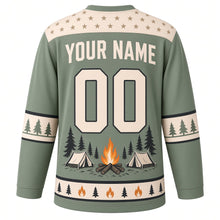 Load image into Gallery viewer, Campfire Starry Night Original Hockey Jersey in Smoky Sage, back view with your name and number – star-pattern yoke and pine-tree sleeve bands