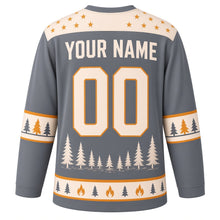Load image into Gallery viewer, Campfire Starry Night Original Hockey Jersey in Twilight Slate, back view with your name and number – star-pattern yoke and pine-tree sleeve bands