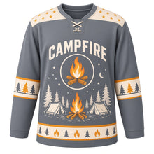 Load image into Gallery viewer, Campfire Starry Night Original Hockey Jersey in Twilight Slate, front view – crackling campfire with tents and pines under the stars with campfire crest, custom name and number